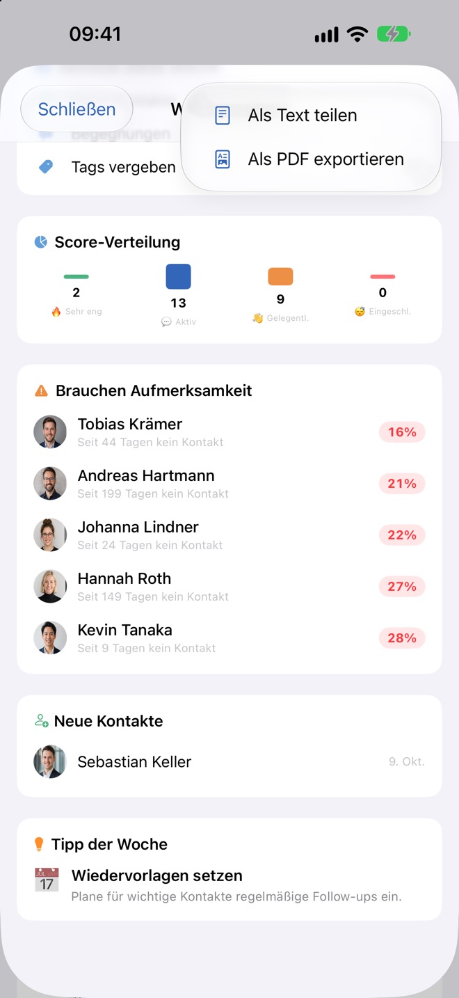Das Teilen-Menü mit „Als Text teilen“ und „Als PDF exportieren“.